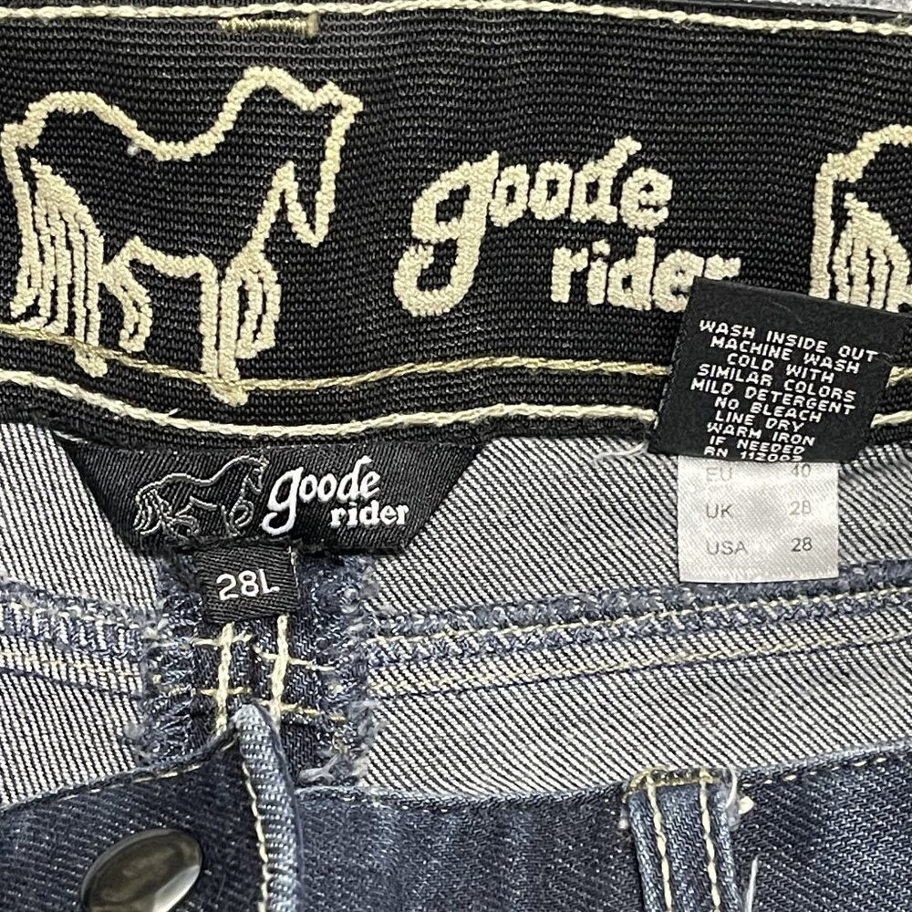 Goode Rider Ladies Stretch Denim Knee Patch Breeches Embroidered Back Pockets - Picture 2 of 9